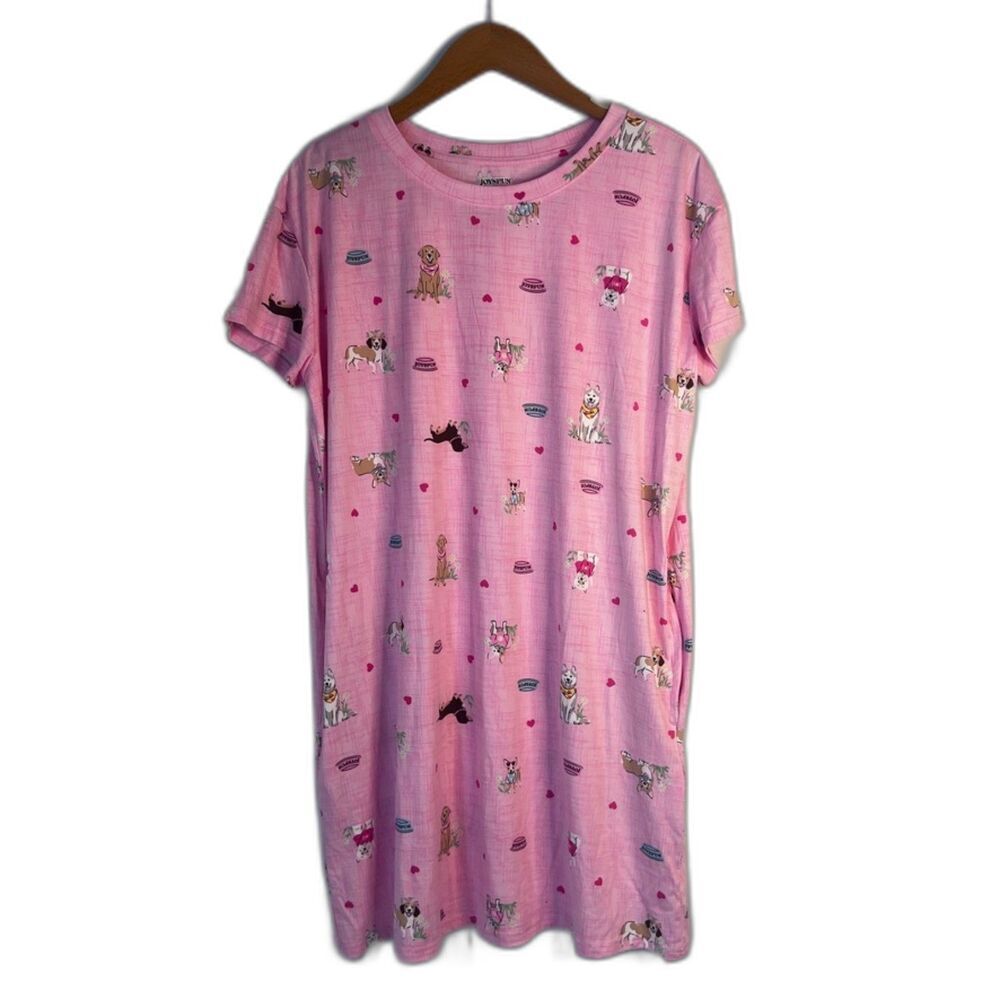 Joyspun Pink Dog Print Short‎ Sleeve Soft Pajama Sleep Shirt Dress w Pockets S/M